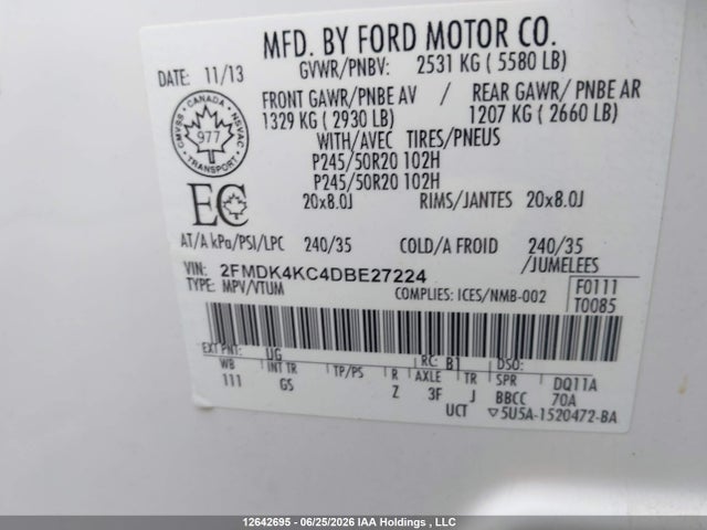 12642695 :رقم المزاد ، 2FMDK4KC4DBE27224 vin ، 2013 Ford Edge Limited مزاد بيع