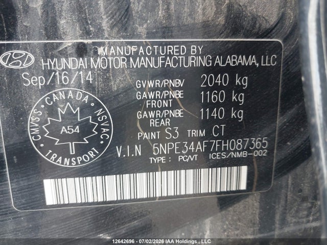 12642696 :رقم المزاد ، 5NPE34AF7FH087365 vin ، 2015 Hyundai Sonata Sport/limited مزاد بيع
