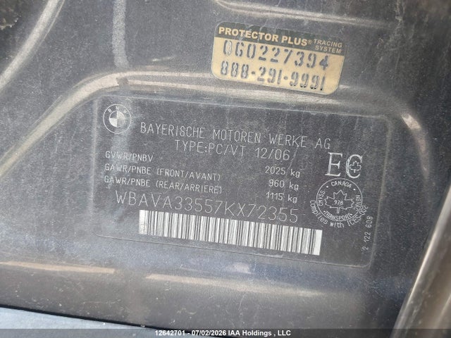 Aukcja sprzedaży 2007 Bmw 3 Series, vin: WBAVA33557KX72355, numer aukcji: 12642701