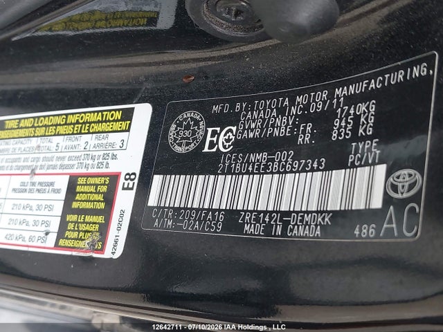 2011 Toyota Corolla S/le მანქანა იყიდება აუქციონზე, vin: 2T1BU4EE3BC697343, აუქციონის ნომერი: 12642711