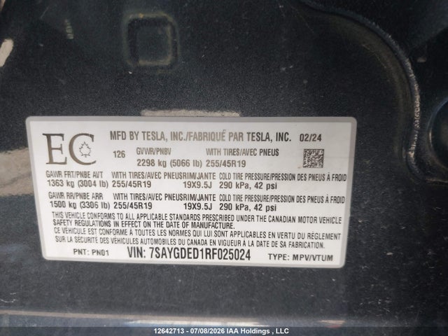 Продаж на аукціоні авто 2024 Tesla Model Y Long Range/rwd, vin: 7SAYGDED1RF025024, номер лоту: 12642713
