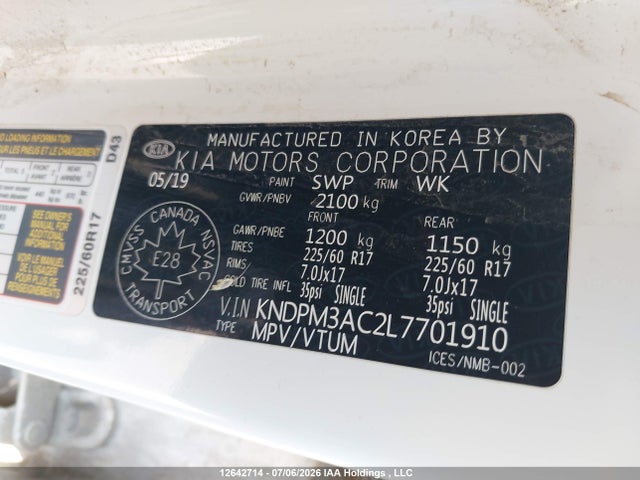 2020 Kia Sportage Lx/lx Anniversary მანქანა იყიდება აუქციონზე, vin: KNDPM3AC2L7701910, აუქციონის ნომერი: 12642714