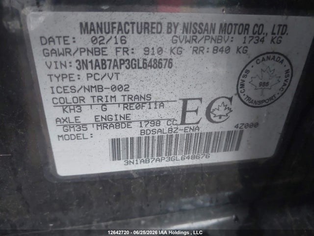 Продажа на аукционе авто 2016 Nissan Sentra S/sv/sr/sl, vin: 3N1AB7AP3GL648676, номер лота: 12642720