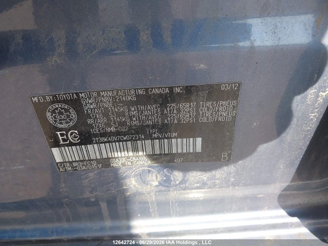 Продаж на аукціоні авто 2012 Toyota Rav4, vin: 2T3BK4DV7CW072314, номер лоту: 12642724