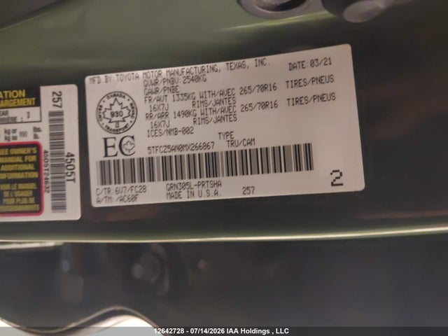Продаж на аукціоні авто 2021 Toyota Tacoma Double Cab/sr/sr5/trd Sport/trd Off Road/trd Pro, vin: 5TFCZ5AN0MX266867, номер лоту: 12642728