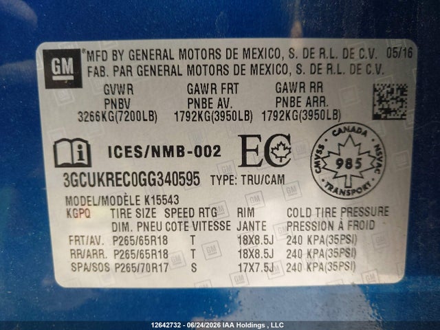 12642732 :رقم المزاد ، 3GCUKREC0GG340595 vin ، 2016 Chevrolet Silverado K1500 Lt مزاد بيع