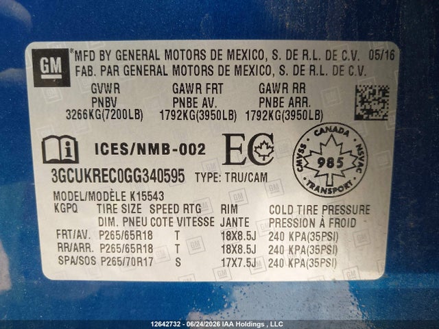 12642732 :رقم المزاد ، 3GCUKREC0GG340595 vin ، 2016 Chevrolet Silverado K1500 Lt مزاد بيع