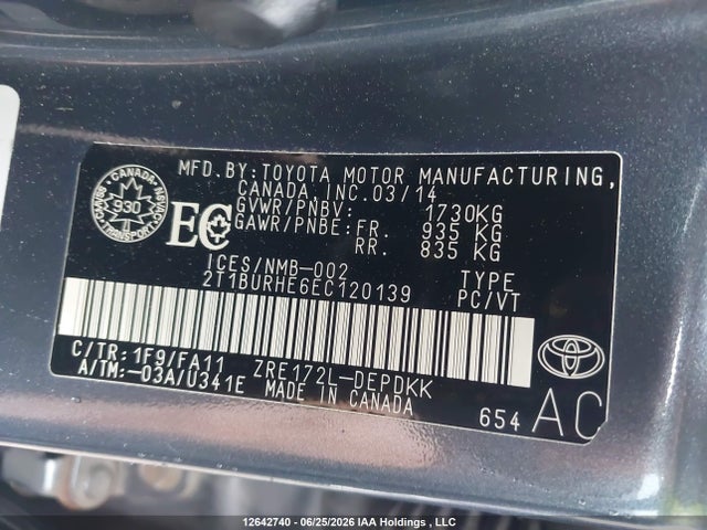 2014 Toyota Corolla L/le/le Pls/prm/s/s Pls მანქანა იყიდება აუქციონზე, vin: 2T1BURHE6EC120139, აუქციონის ნომერი: 12642740