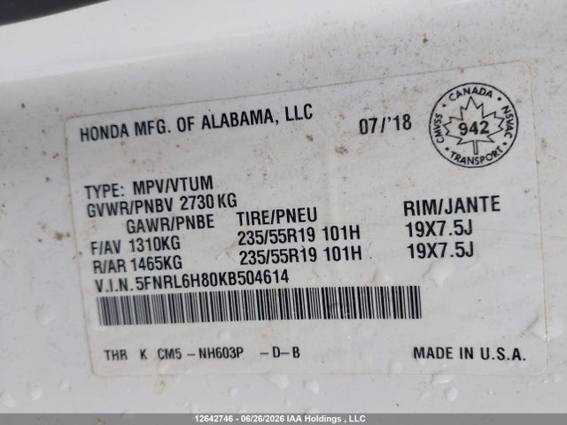 Honda Odyssey Touring 2019 5FNRL6H80KB504614 Image 9