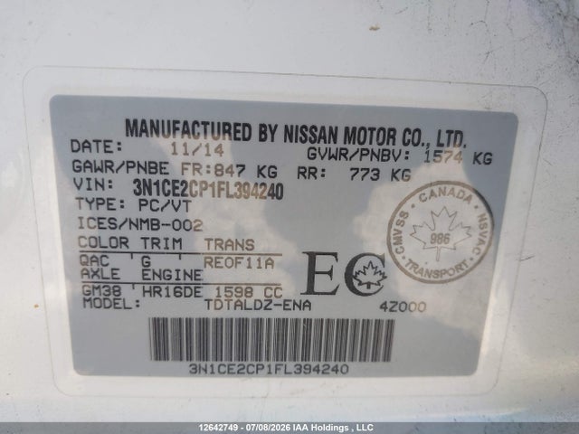 Nissan Versa Note S/s Plus/sv/sl/sr 2015 3N1CE2CP1FL394240 Image 9