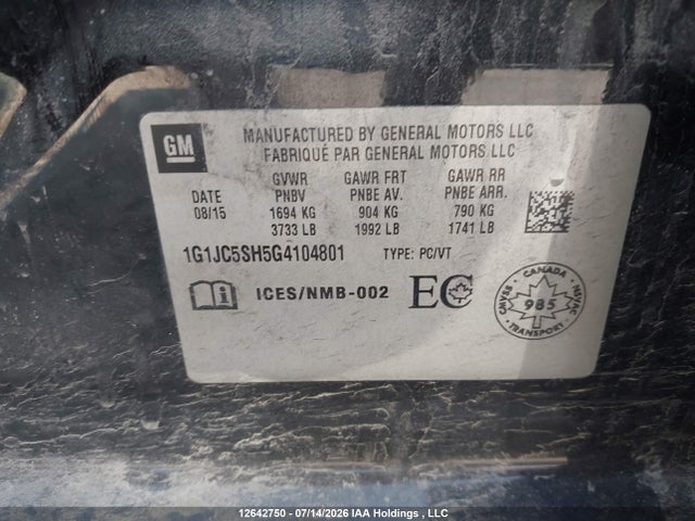 2016 Chevrolet Sonic Lt მანქანა იყიდება აუქციონზე, vin: 1G1JC5SH5G4104801, აუქციონის ნომერი: 12642750
