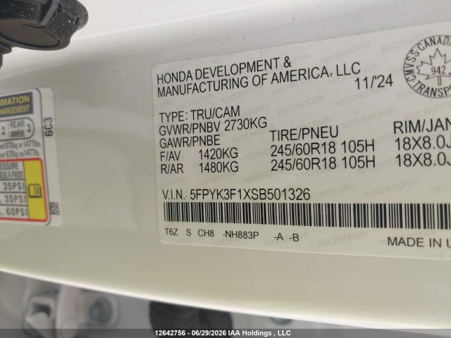 12642756 :رقم المزاد ، 5FPYK3F1XSB501326 vin ، 2025 Honda Ridgeline Sport مزاد بيع