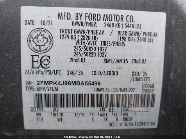 Aukcja sprzedaży 2021 Ford Edge Sel, vin: 2FMPK4J98MBA55499, numer aukcji: 12642762