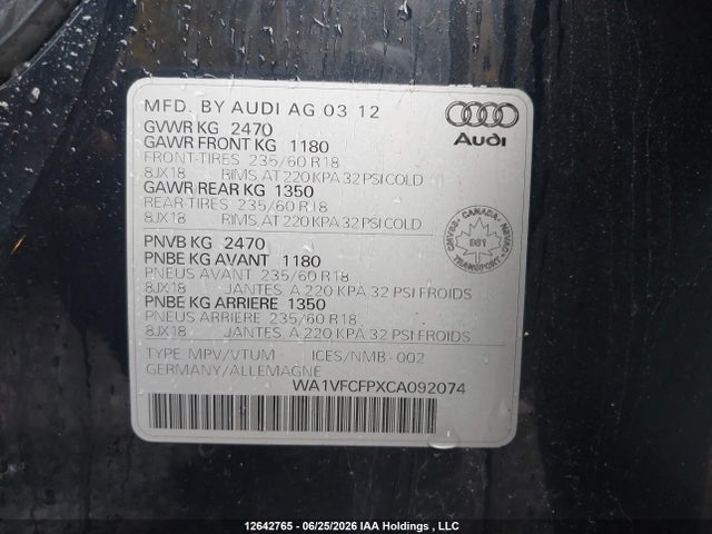 2012 Audi Q5 Prestige მანქანა იყიდება აუქციონზე, vin: WA1VFCFPXCA092074, აუქციონის ნომერი: 12642765