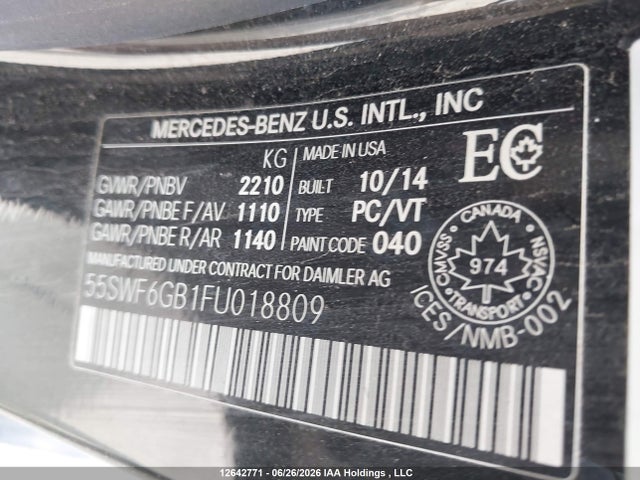 Aukcja sprzedaży 2015 Mercedes-benz C 400 4matic, vin: 55SWF6GB1FU018809, numer aukcji: 12642771