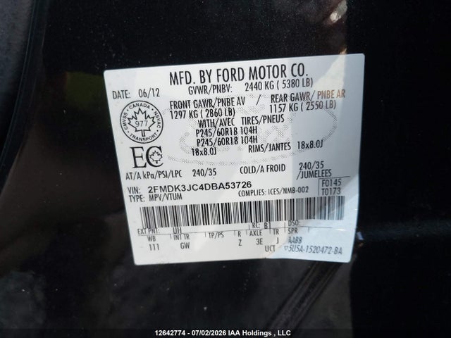 Продаж на аукціоні авто 2013 Ford Edge, vin: 2FMDK3JC4DBA53726, номер лоту: 12642774