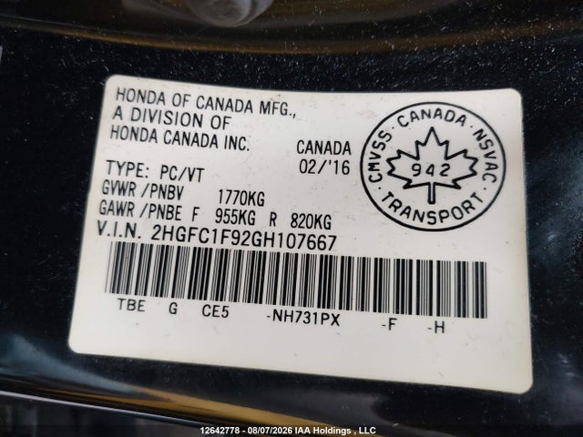 Honda Civic 2016 2HGFC1F92GH107667 Image 9
