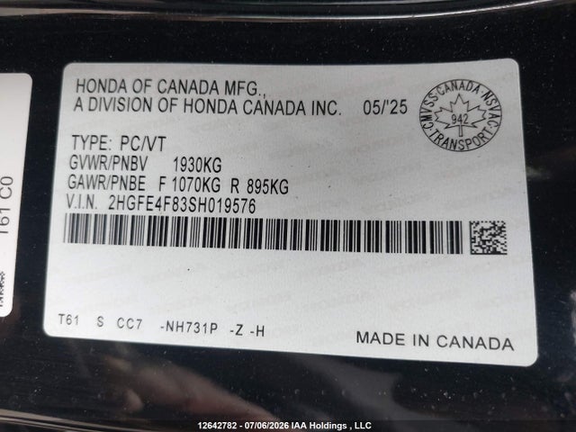 12642782 :رقم المزاد ، 2HGFE4F83SH019576 vin ، 2025 Honda Civic Sport Hybrid/sport Touring Hybrid مزاد بيع