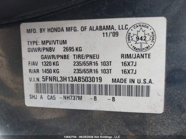 2010 Honda Odyssey Dx მანქანა იყიდება აუქციონზე, vin: 5FNRL3H13AB503019, აუქციონის ნომერი: 12642784