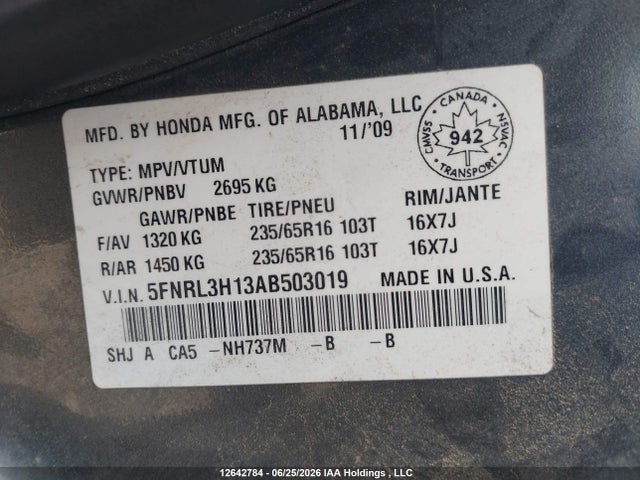 2010 Honda Odyssey Dx მანქანა იყიდება აუქციონზე, vin: 5FNRL3H13AB503019, აუქციონის ნომერი: 12642784