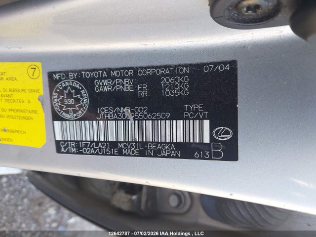 Auction sale of the 2005 Lexus Es 330, vin: JTHBA30G955062509, lot number: 12642787