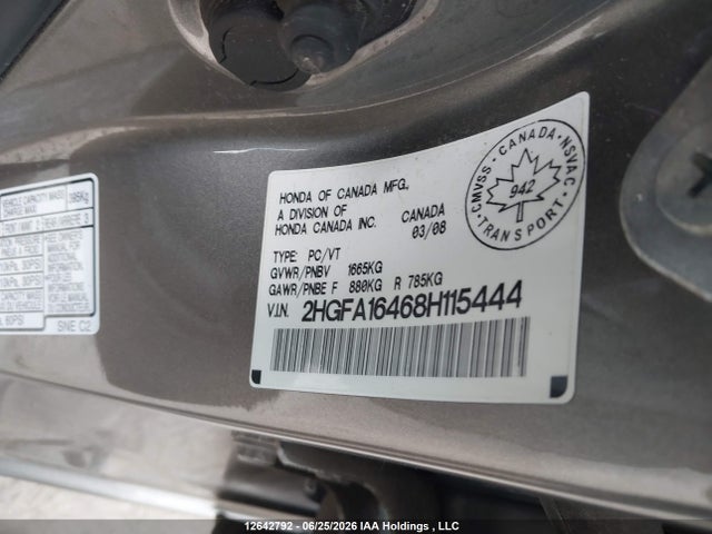 12642792 :رقم المزاد ، 2HGFA16468H115444 vin ، 2008 Honda Civic Dx-g مزاد بيع