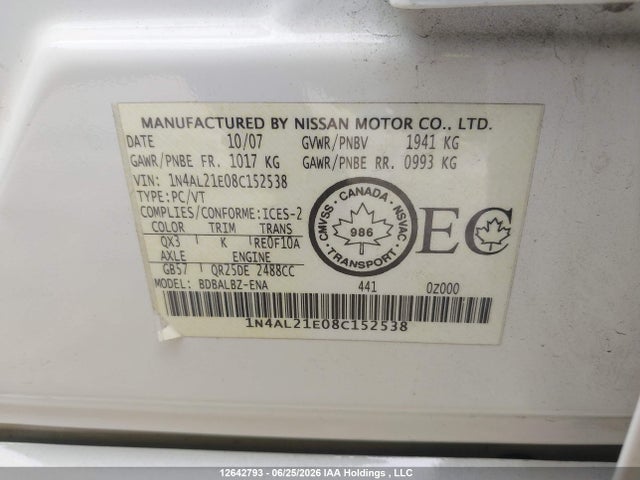 2008 Nissan Altima 2.5/2.5s მანქანა იყიდება აუქციონზე, vin: 1N4AL21E08C152538, აუქციონის ნომერი: 12642793