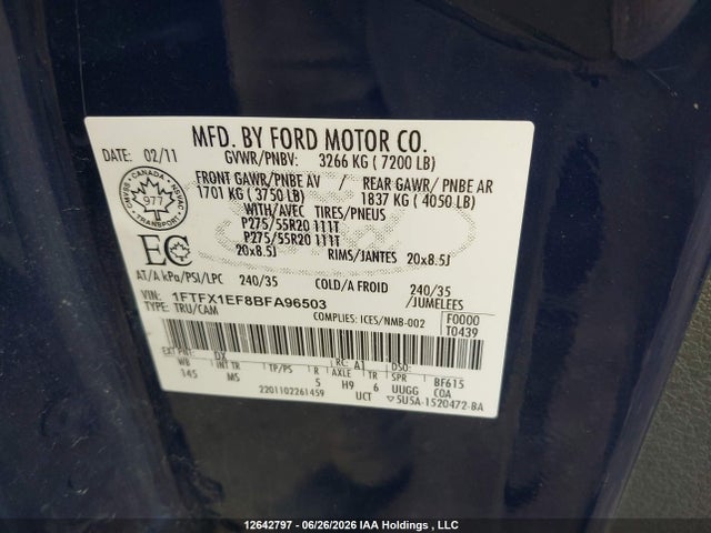 12642797 :رقم المزاد ، 1FTFX1EF8BFA96503 vin ، 2011 Ford F-150 Xlt مزاد بيع