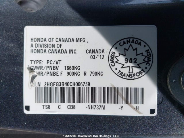 Aukcja sprzedaży 2012 Honda Civic Lx, vin: 2HGFG3B40CH006759, numer aukcji: 12642798