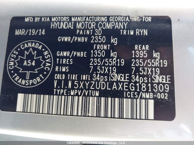 12642805 :رقم المزاد ، 5XYZUDLAXEG181309 vin ، 2014 Hyundai Santa Fe Sport 2.0t Limited مزاد بيع