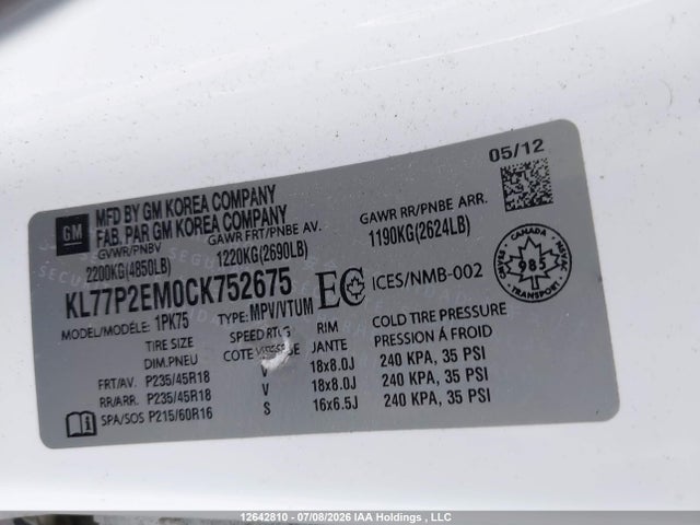 Продаж на аукціоні авто 2012 Chevrolet Orlando, vin: KL77P2EM0CK752675, номер лоту: 12642810