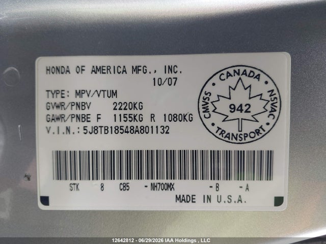 12642812 :رقم المزاد ، 5J8TB18548A801132 vin ، 2008 Acura Rdx Technology مزاد بيع