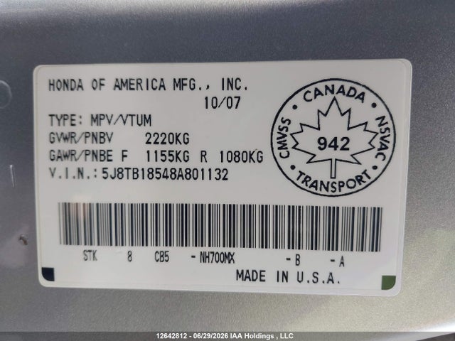 12642812 :رقم المزاد ، 5J8TB18548A801132 vin ، 2008 Acura Rdx Technology مزاد بيع
