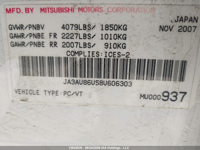 2008 Mitsubishi Lancer Gts მანქანა იყიდება აუქციონზე, vin: JA3AU86U58U606303, აუქციონის ნომერი: 12642836
