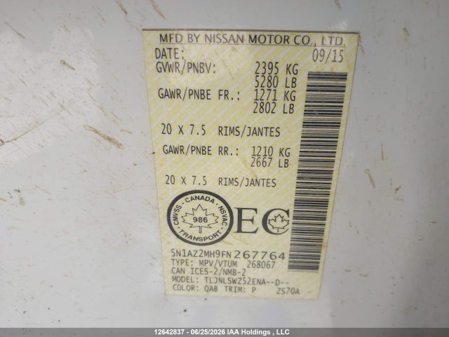 Aukcja sprzedaży 2015 Nissan Murano S/sl/sv/platinum, vin: 5N1AZ2MH9FN267764, numer aukcji: 12642837