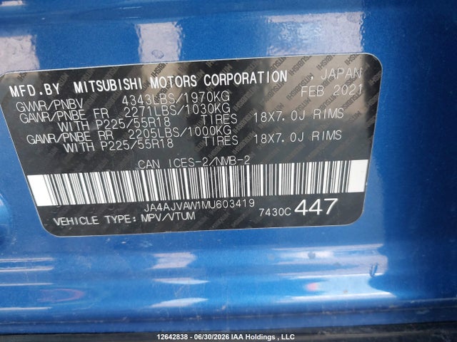 Продажа на аукционе авто 2021 Mitsubishi Rvr, vin: JA4AJVAW1MU603419, номер лота: 12642838