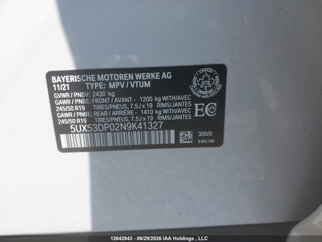 2022 Bmw X3 Xdrive30i მანქანა იყიდება აუქციონზე, vin: 5UX53DP02N9K41327, აუქციონის ნომერი: 12642843