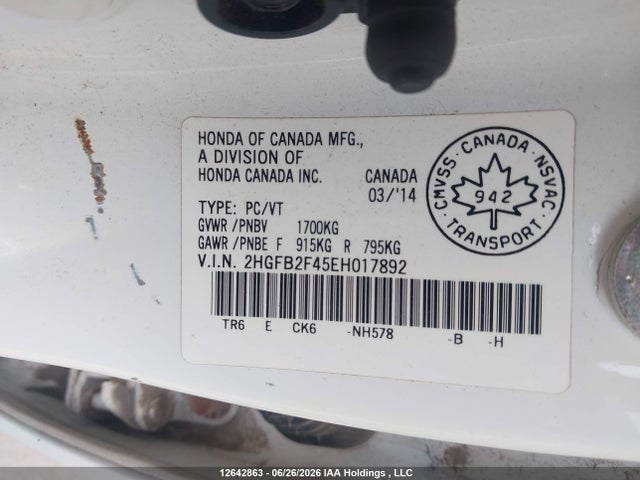 Продаж на аукціоні авто 2014 Honda Civic Lx, vin: 2HGFB2F45EH017892, номер лоту: 12642863
