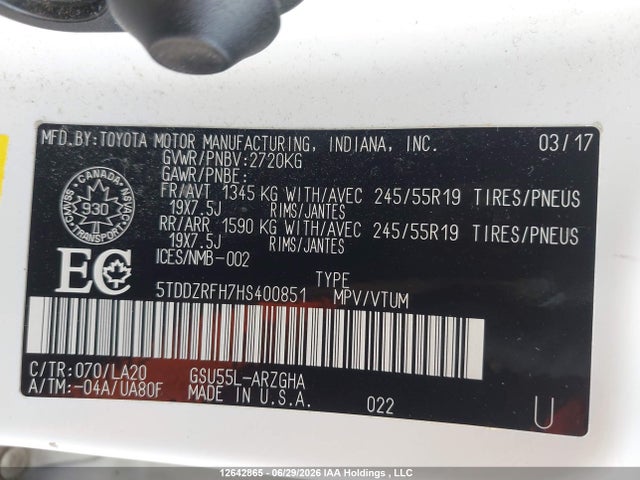 Toyota Highlander Limited 2017 5TDDZRFH7HS400851 Image 9