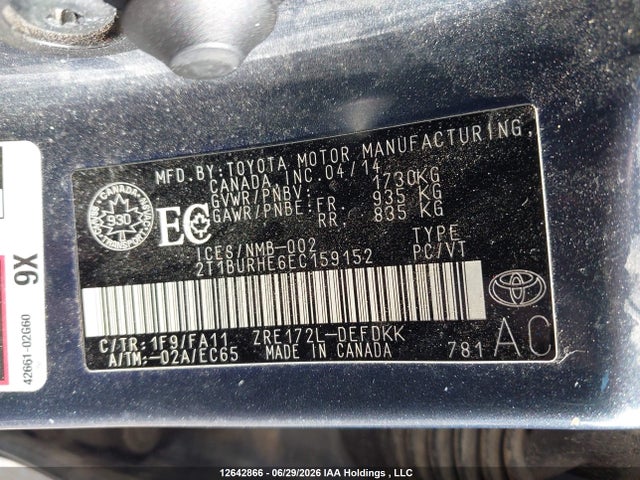 12642866 :رقم المزاد ، 2T1BURHE6EC159152 vin ، 2014 Toyota Corolla Ce مزاد بيع