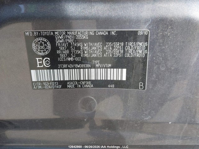 Aukcja sprzedaży 2011 Toyota Rav4 Sport, vin: 2T3RF4DV1BW089384, numer aukcji: 12642868