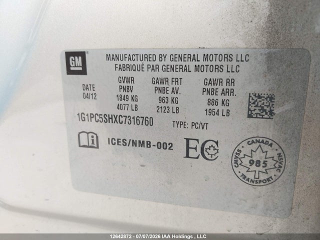 12642872 :رقم المزاد ، 1G1PC5SHXC7316760 vin ، 2012 Chevrolet Cruze Ls مزاد بيع