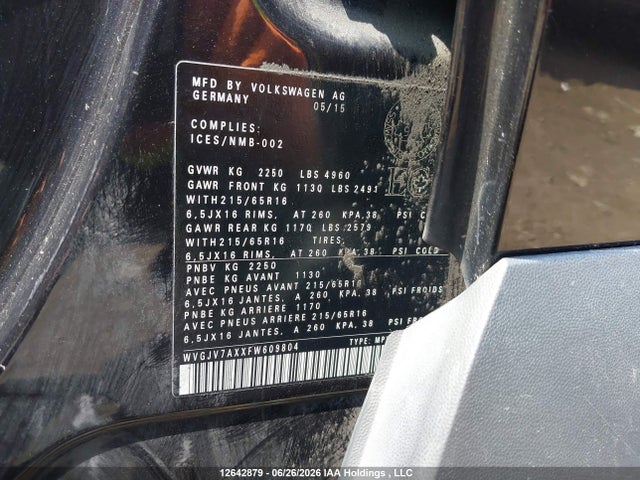 Продажа на аукционе авто 2015 Volkswagen Tiguan S/se/sel/r-line, vin: WVGJV7AXXFW609804, номер лота: 12642879