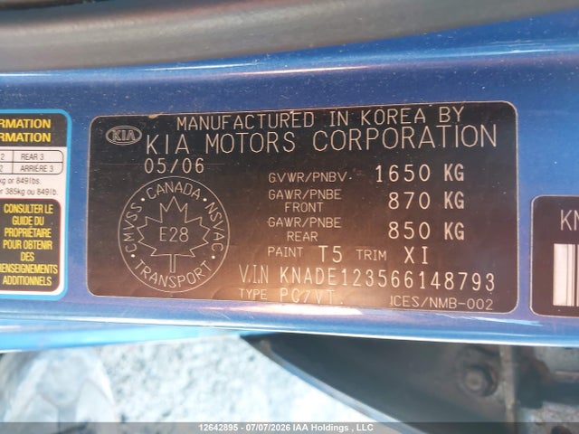 12642895 :رقم المزاد ، KNADE123566148793 vin ، 2006 Kia Rio Ex مزاد بيع