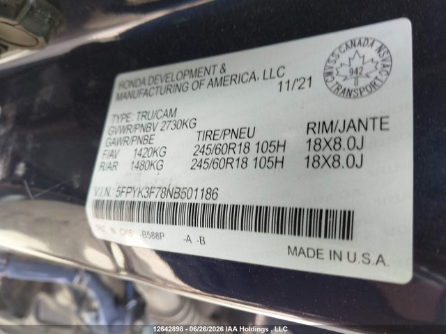 Honda Ridgeline Rtl 2022 5FPYK3F78NB501186 Image 19