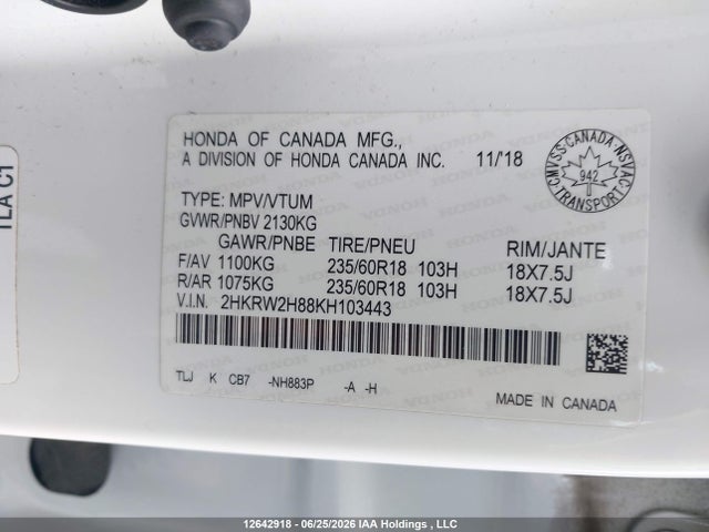 Honda CR-V EXL 2019 2HKRW2H88KH103443 Image 9