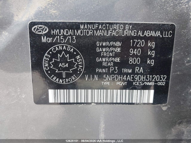 Aukcja sprzedaży 2013 Hyundai Elantra Gls, vin: 5NPDH4AE9DH312032, numer aukcji: 12625151