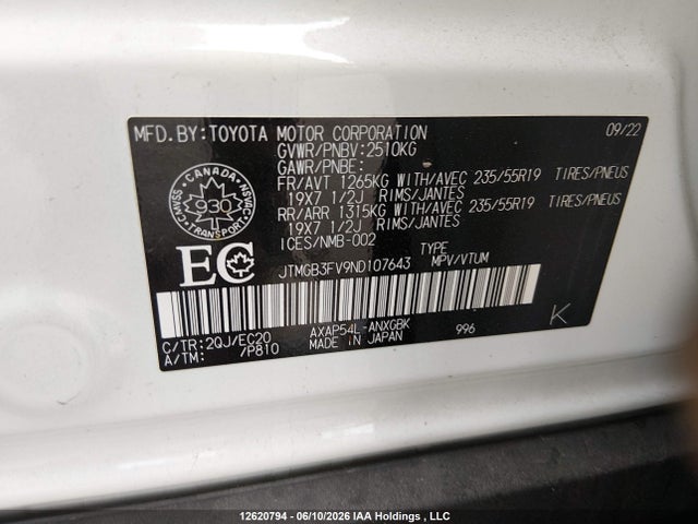 12620794 :رقم المزاد ، JTMGB3FV9ND107643 vin ، 2022 Toyota Rav4 Prime Xse مزاد بيع