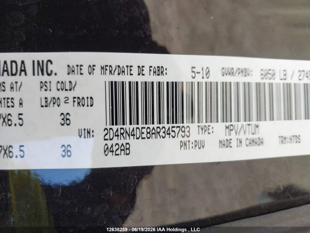 2010 Dodge Grand Caravan Se მანქანა იყიდება აუქციონზე, vin: 2D4RN4DE8AR345793, აუქციონის ნომერი: 12638259