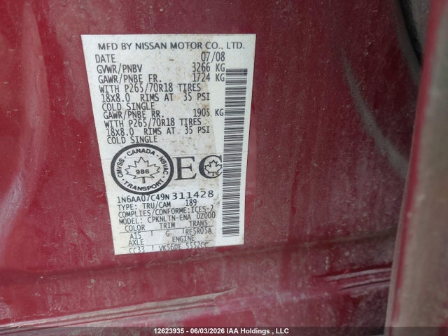 2009 Nissan Titan Le მანქანა იყიდება აუქციონზე, vin: 1N6AA07C49N311428, აუქციონის ნომერი: 12623935